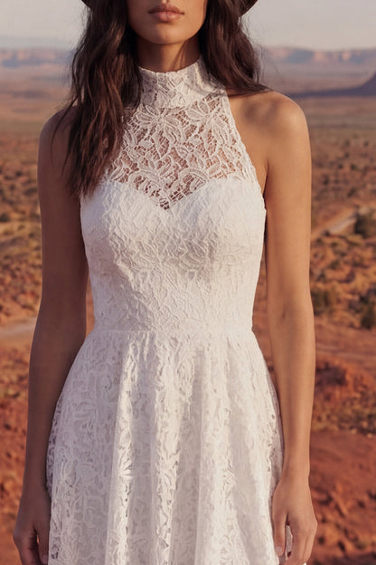 A Line Floral Ivory High Low Lace Boho Wedding Dress