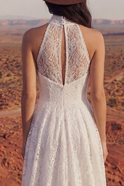 A Line Floral Ivory High Low Lace Boho Wedding Dress