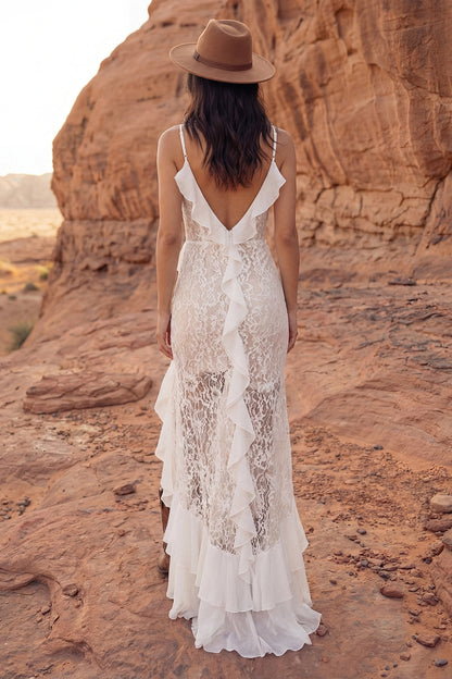 Floral Ivory Maxi Sheath Boho Wedding Dress with Ruffles
