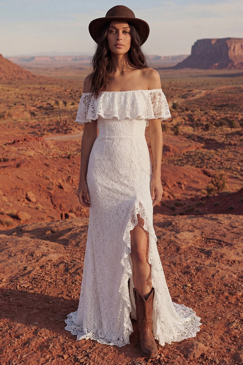 Ivory Maxi Floral Mermaid Boho Wedding Dress with Ruffles