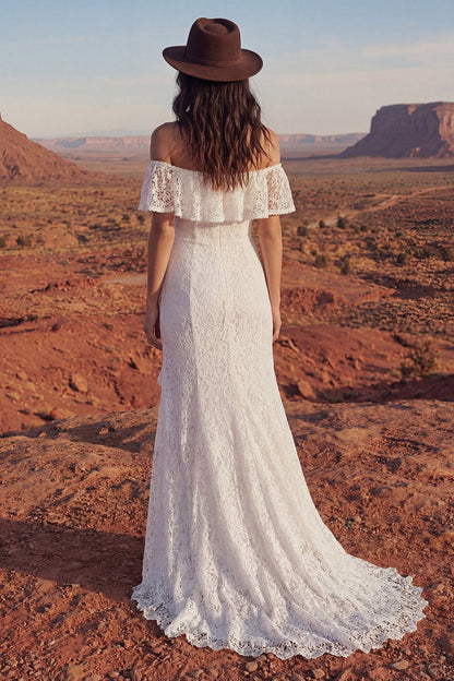 Ivory Maxi Floral Mermaid Boho Wedding Dress with Ruffles