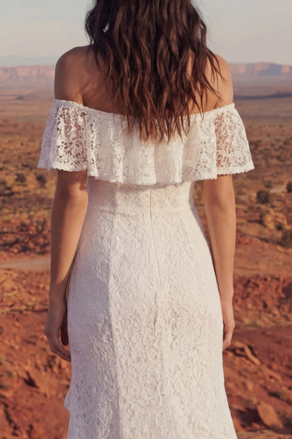 Ivory Maxi Floral Mermaid Boho Wedding Dress with Ruffles