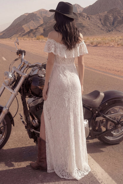 Floral Ivory Maxi Sheath Boho Wedding Dress with Slit
