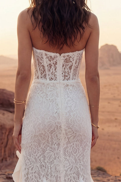 Floral Ivory Strapless Sheath Maxi Boho Wedding Dress with Ruffles