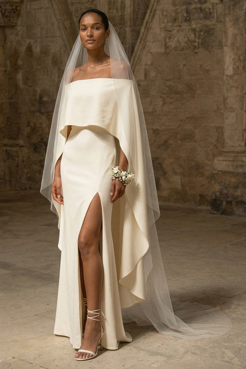 White Sheath Maxi Boho Wedding Dress with Slit
