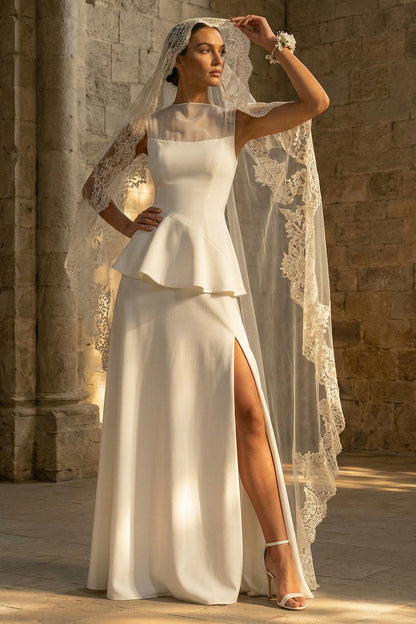 A Line Maxi White Boho Wedding Dress with Ruffles