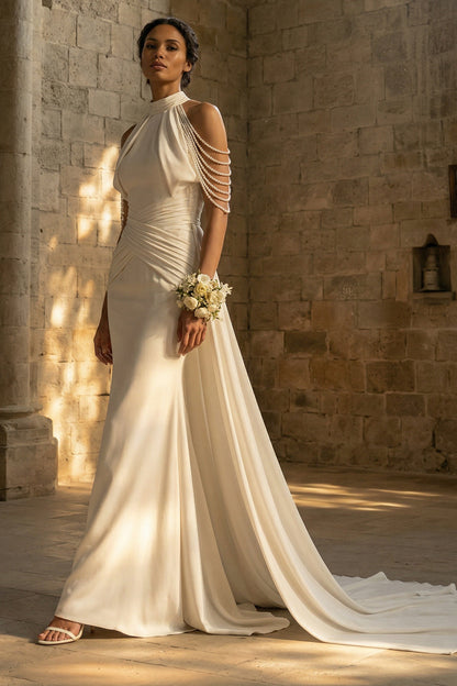 Mermaid Beaded Ruched White Maxi Boho Wedding Dress