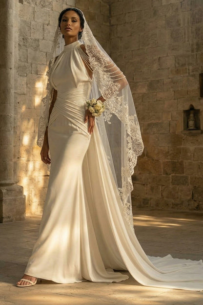 Mermaid Beaded Ruched White Maxi Boho Wedding Dress
