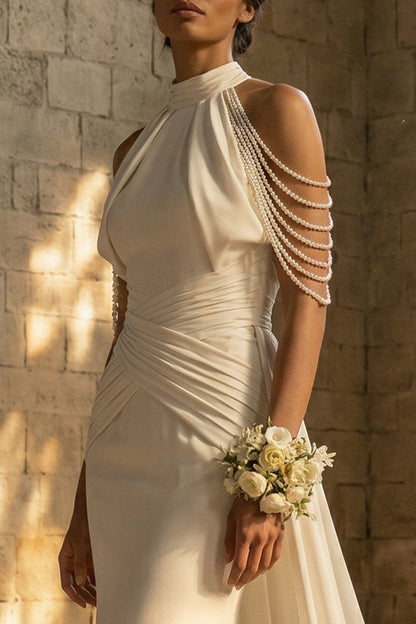 Mermaid Beaded Ruched White Maxi Boho Wedding Dress