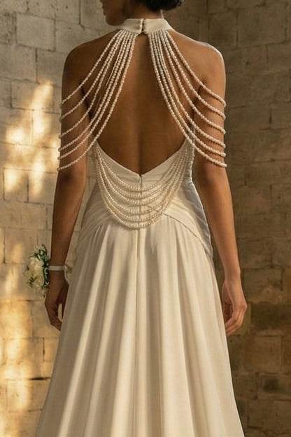 Mermaid Beaded Ruched White Maxi Boho Wedding Dress