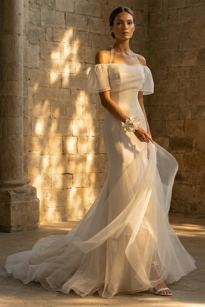 Mermaid Sweep Train White Boho Wedding Dress