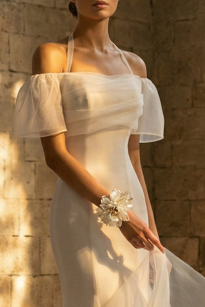 Mermaid Sweep Train White Boho Wedding Dress