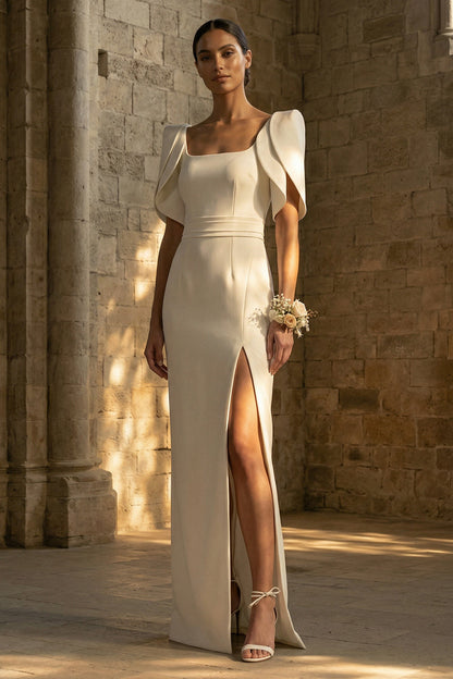 White Square Neck Maxi Sheath Boho Wedding Dress with Slit