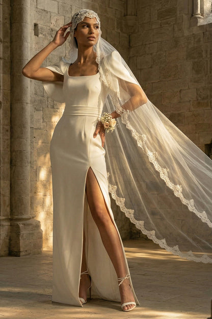 White Square Neck Maxi Sheath Boho Wedding Dress with Slit