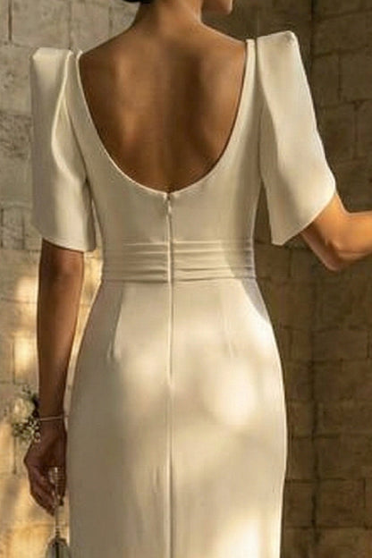 White Square Neck Maxi Sheath Boho Wedding Dress with Slit