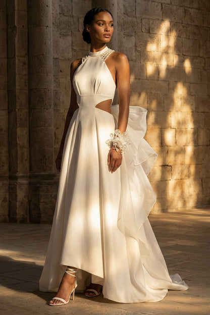 Maxi High Neck A Line White Boho Wedding Dress