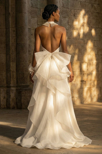 Maxi High Neck A Line White Boho Wedding Dress