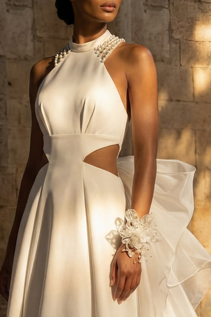 Maxi High Neck A Line White Boho Wedding Dress