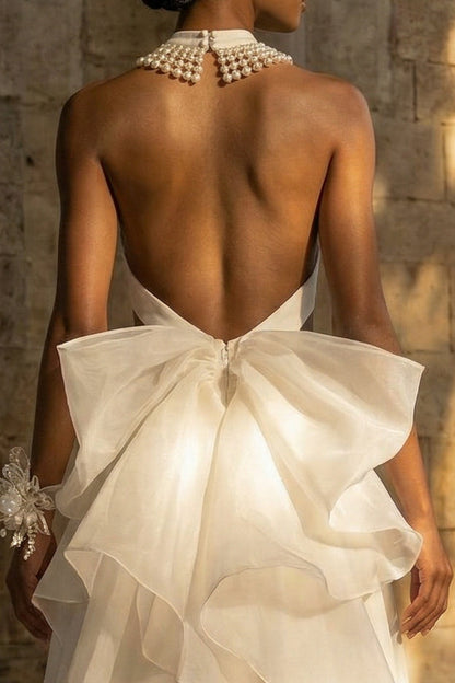 Maxi High Neck A Line White Boho Wedding Dress