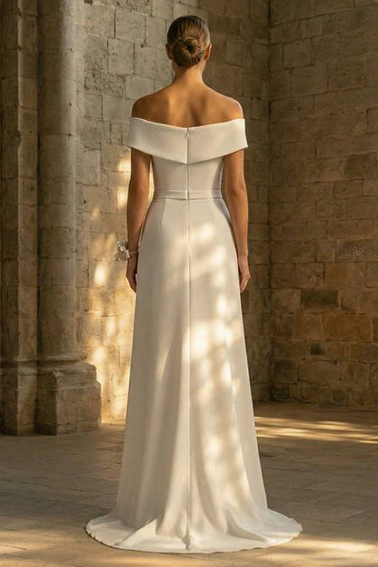 Sheath Beaded White Maxi Boho Wedding Dress with Slit