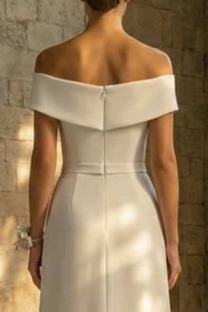 Sheath Beaded White Maxi Boho Wedding Dress with Slit
