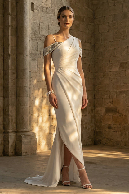 Mermaid Maxi Ruched White Boho Wedding Dress
