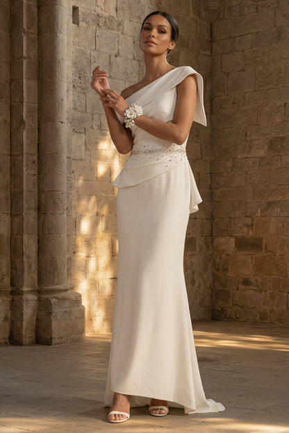 Mermaid Ruched White Maxi One Shoulder Boho Wedding Dress