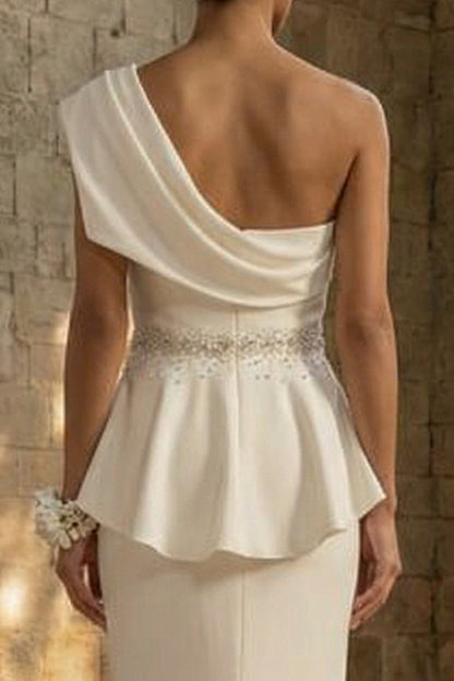 Mermaid Ruched White Maxi One Shoulder Boho Wedding Dress