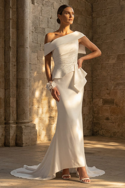 White Ruched Sweep Train Mermaid One Shoulder Boho Wedding Dress with Ruffles