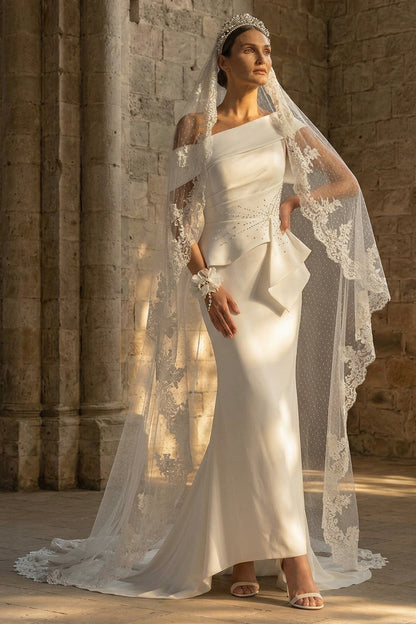 White Ruched Sweep Train Mermaid One Shoulder Boho Wedding Dress with Ruffles