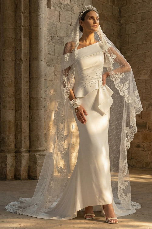 White Ruched Sweep Train Mermaid One Shoulder Boho Wedding Dress with Ruffles