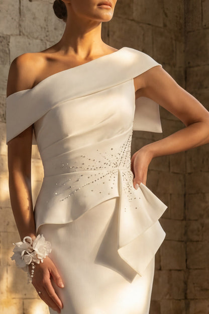 White Ruched Sweep Train Mermaid One Shoulder Boho Wedding Dress with Ruffles