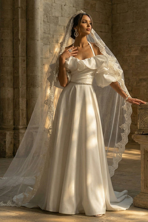 White Ruffled Sweep Train Halter Backless Boho Wedding Dress