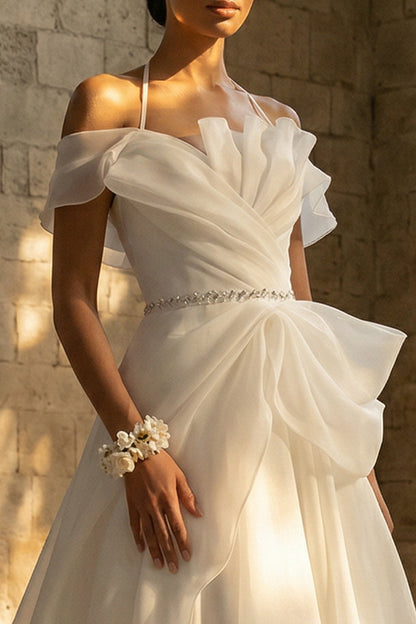 Ruched Halter A Line White Sweep Train Boho Wedding Dress with Ruffles
