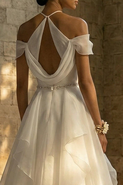 Ruched Halter A Line White Sweep Train Boho Wedding Dress with Ruffles