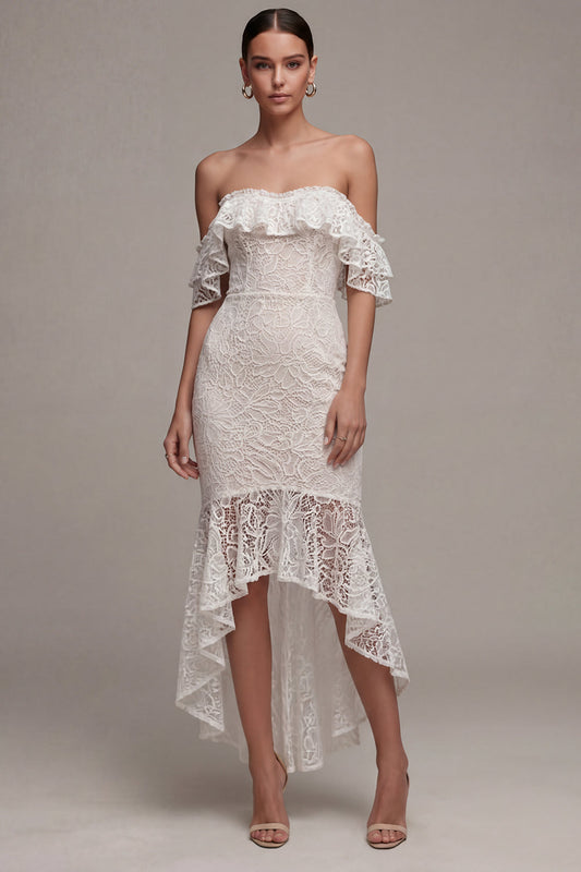 Asymmetrical Bodycon White Off the Shoulder Boho Wedding Dress with Ruffles