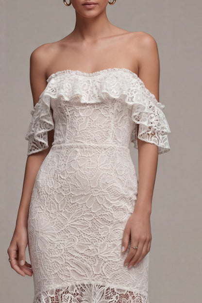Asymmetrical Bodycon White Off the Shoulder Boho Wedding Dress with Ruffles