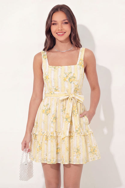 Butter Yellow Square Neck A Line Floral Short Graduation Dress with Pockets