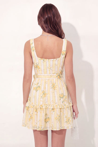 Butter Yellow Square Neck A Line Floral Short Graduation Dress with Pockets