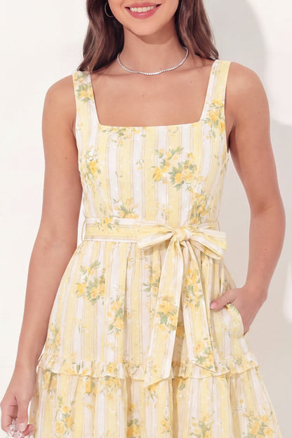 Butter Yellow Square Neck A Line Floral Short Graduation Dress with Pockets