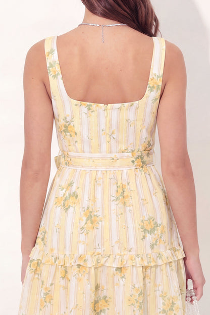 Butter Yellow Square Neck A Line Floral Short Graduation Dress with Pockets
