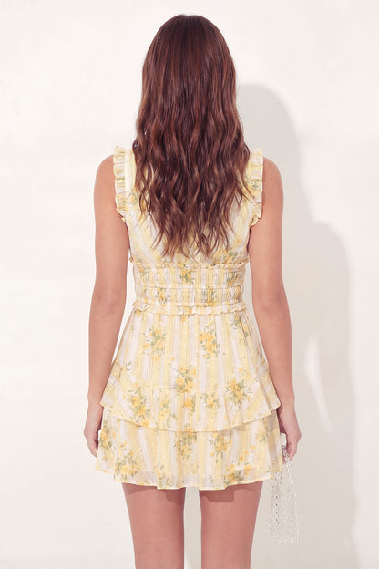 V-Neck Butter Yellow A Line Floral Short Graduation Dress with Ruffles
