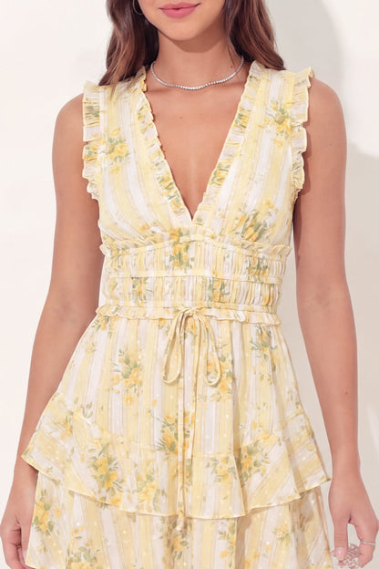 V-Neck Butter Yellow A Line Floral Short Graduation Dress with Ruffles