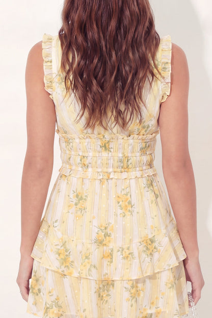 V-Neck Butter Yellow A Line Floral Short Graduation Dress with Ruffles