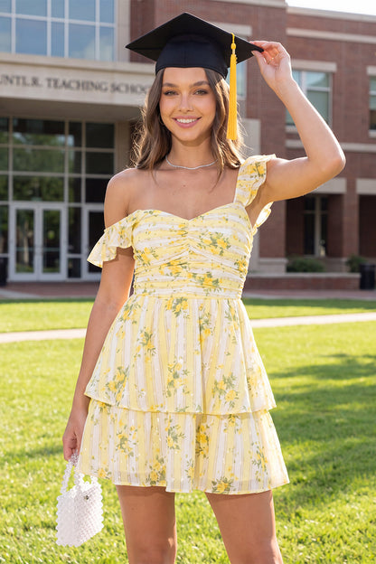 A Line Butter Yellow Thick Straps Floral Short Graduation Dress with Ruffles