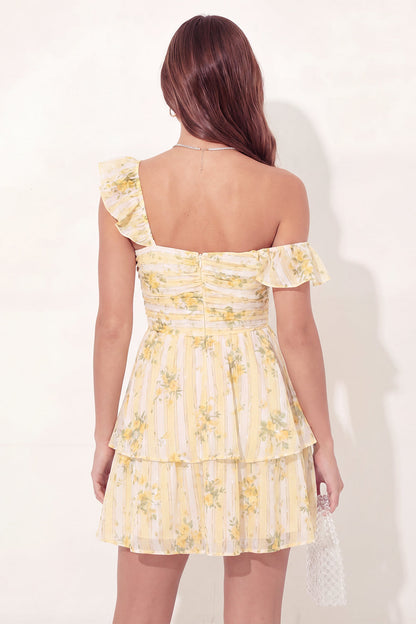 A Line Butter Yellow Thick Straps Floral Short Graduation Dress with Ruffles