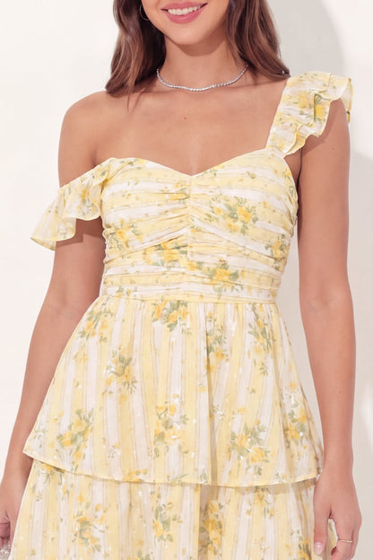 A Line Butter Yellow Thick Straps Floral Short Graduation Dress with Ruffles