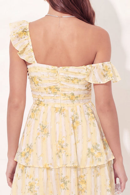 A Line Butter Yellow Thick Straps Floral Short Graduation Dress with Ruffles