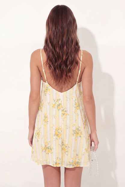 Spaghetti Straps A Line Butter Yellow Floral Short Graduation Dress