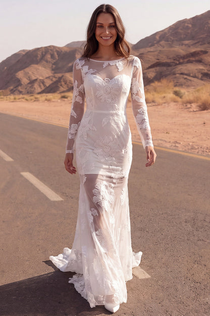 Floral Ivory Boat Neck Mermaid Sweep Train Lace Boho Wedding Dress